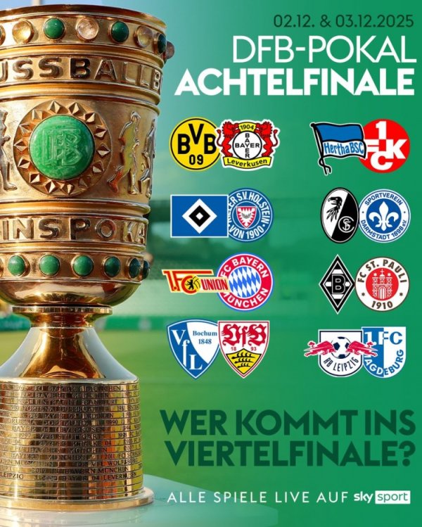 德国杯1/8总决赛  对阵：多特vs勒沃库森，柏林联合vs拜仁